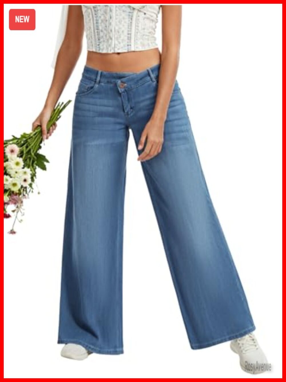 Wide Leg Low Rise Boyfriend Jeans Stretch Denim Cross Waist Pants